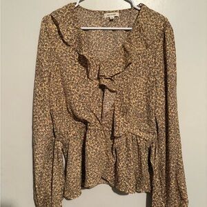 Max Studio Floral Ruffle Top in Brown and Cream